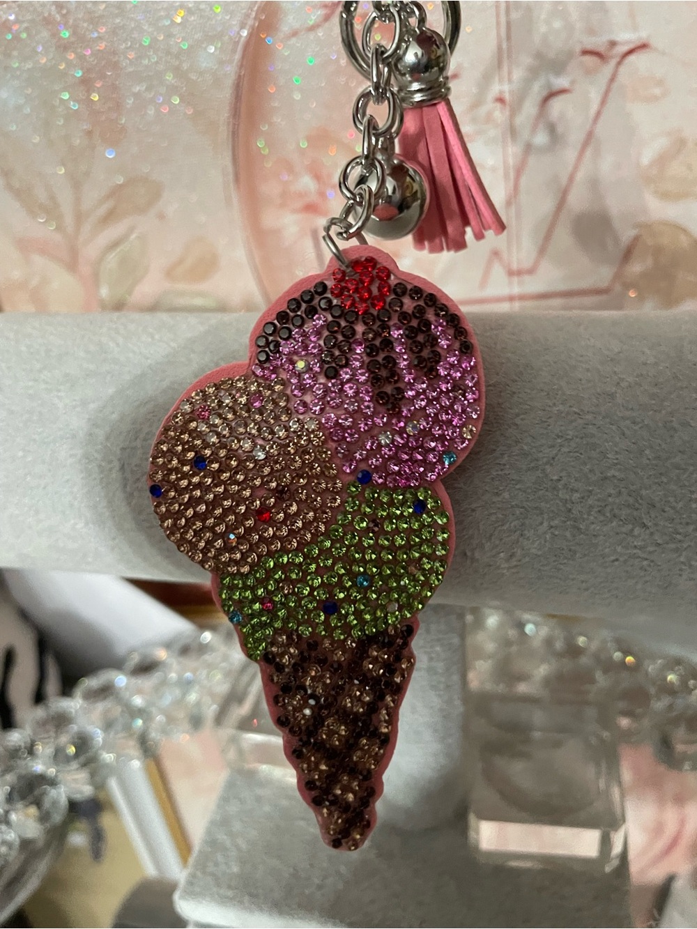 Rhinestone Ice Cream Cone Charm Keychain - Pink, Green, Brown